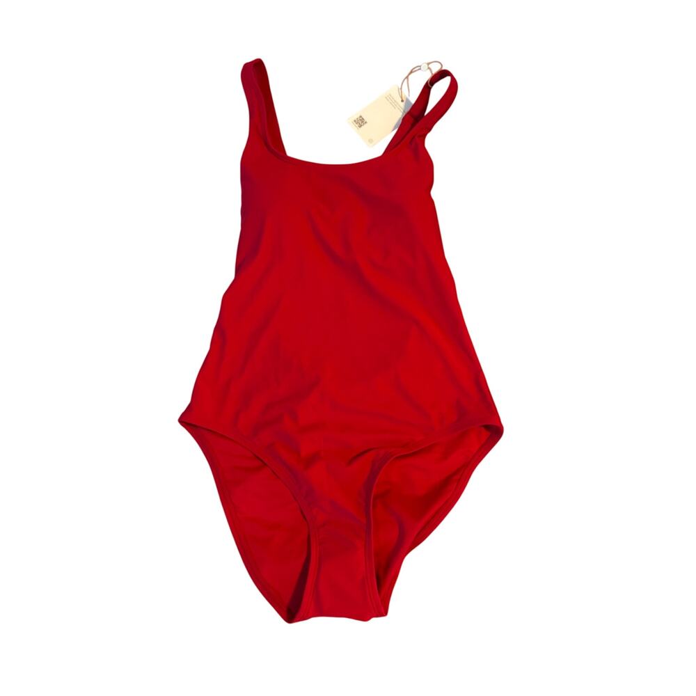 Quince Italian Cross-Back One-Piece Swimsuit Cherry Red NWT Bathing Suit Size M